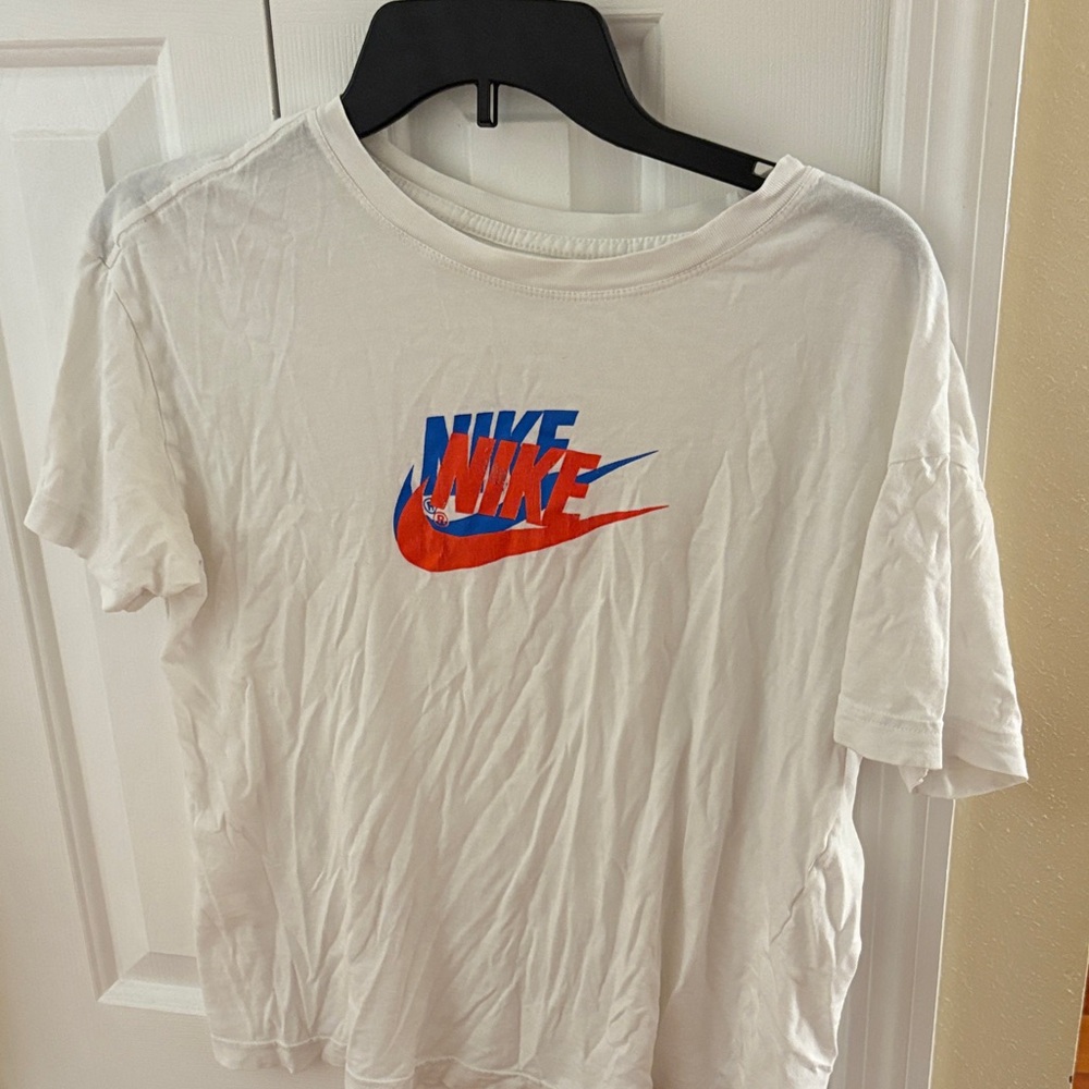 Nike White Tee with Red and Blue Swoosh